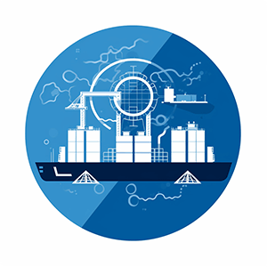 Icon for Supply Chain Transparency showing a ship with a digital eye over it